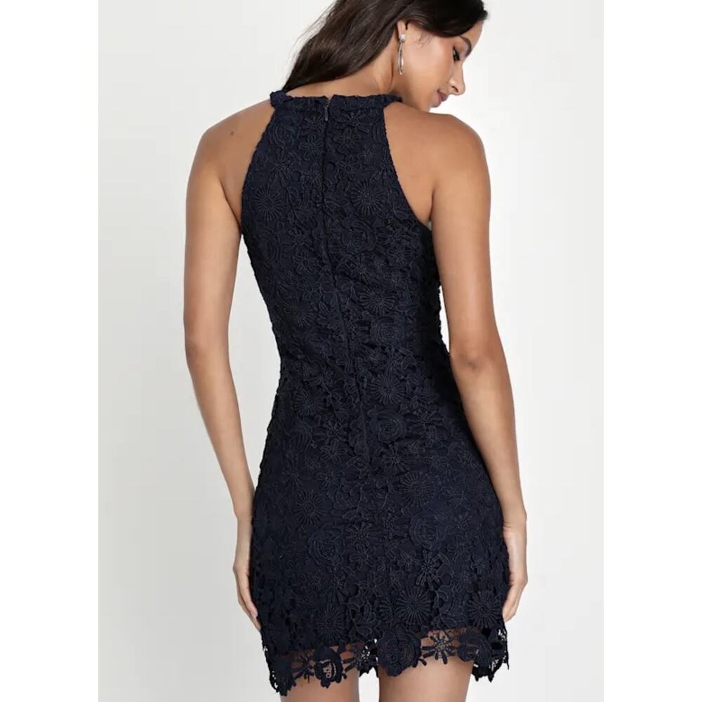 Lulus Love Poem Sz L Navy Blue Halter Neck Crochet Lace Cocktail Mini Dress - Picture 5 of 13